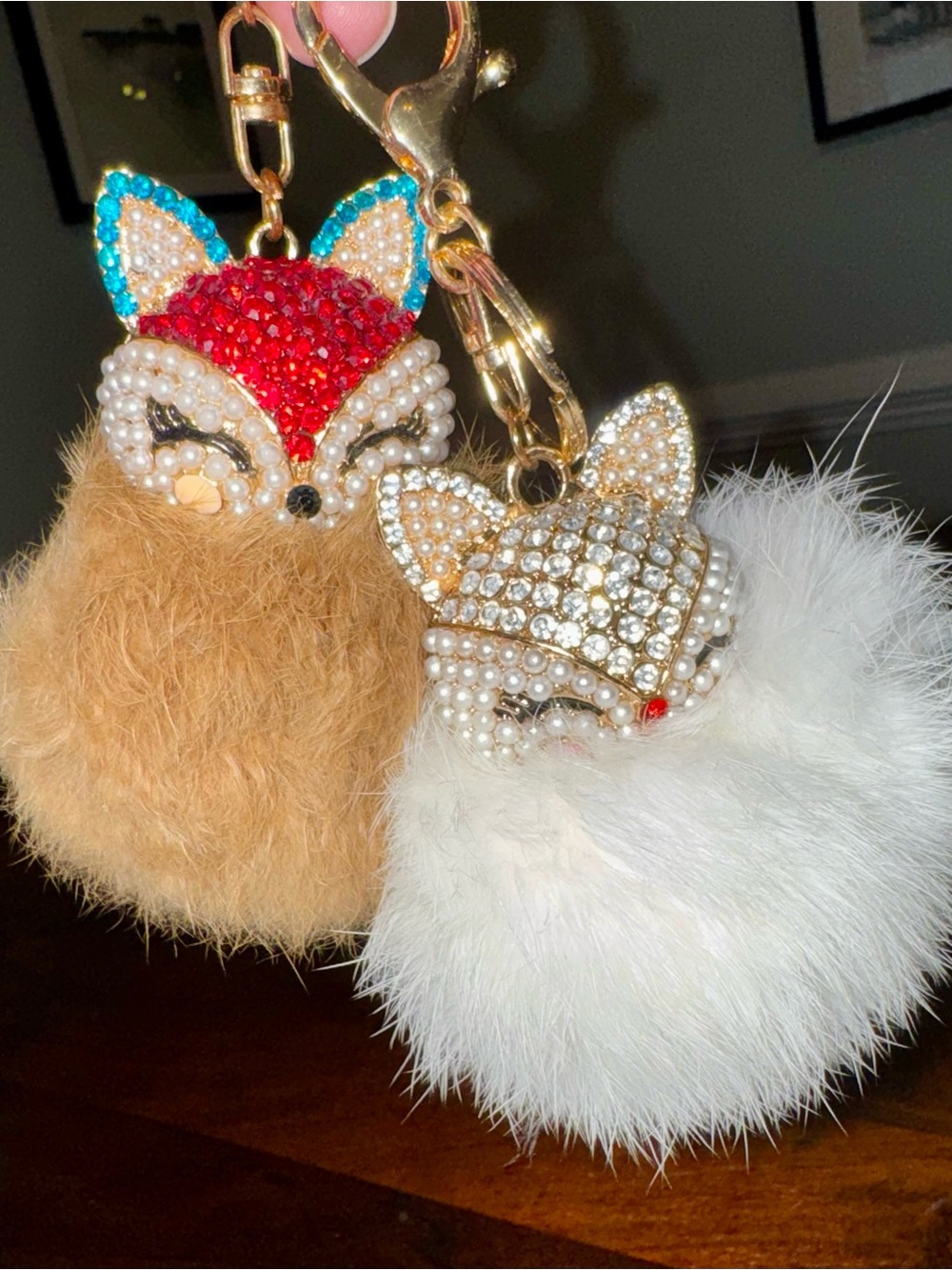 Kitty Cat & Fox Pom Pom Keychains Rhinestones Faux Fur Charms Bling!